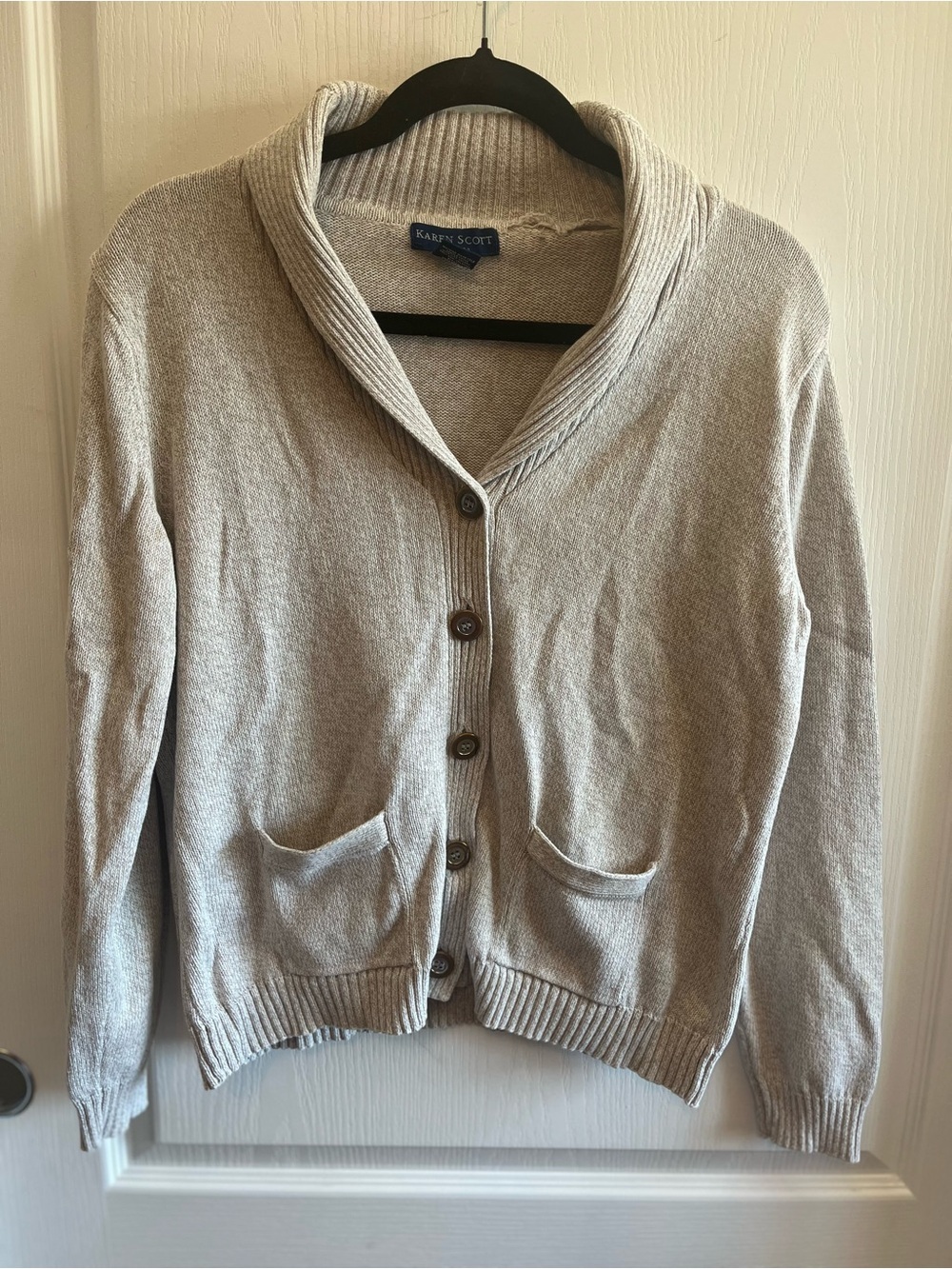 Karen Scott Shawl Collar Button Front Sweater Cardigan - Oatmeal 100% Cotton